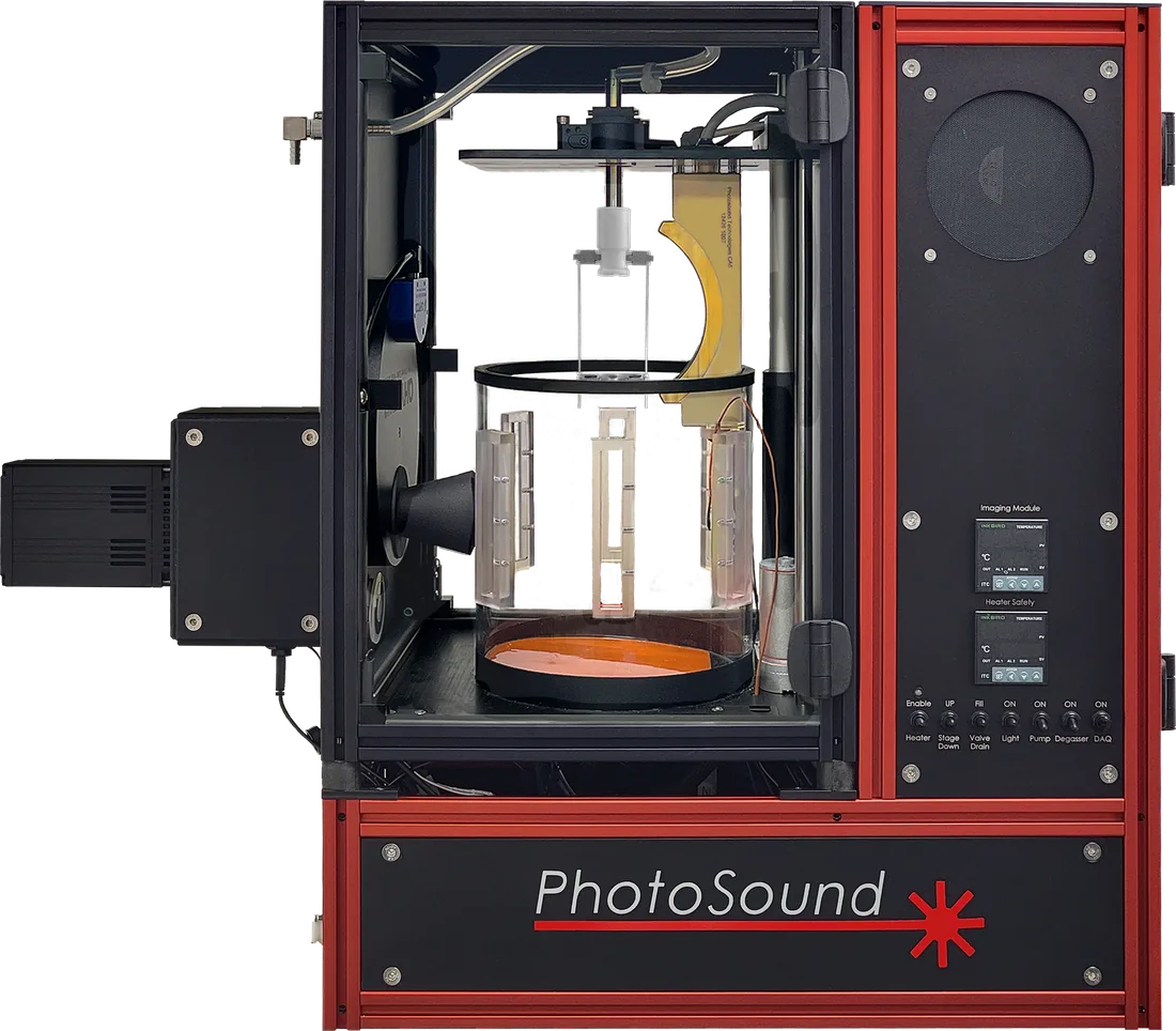 TriTom imaging chamber with the door removed, showing the sample holder and coupling liquid vessel